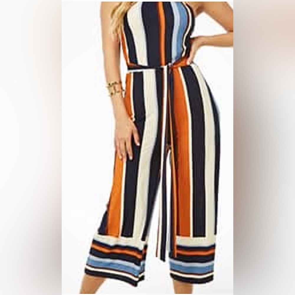 Forever21 Strapless Orange & Blue Stripe Jumpsuit - Size S